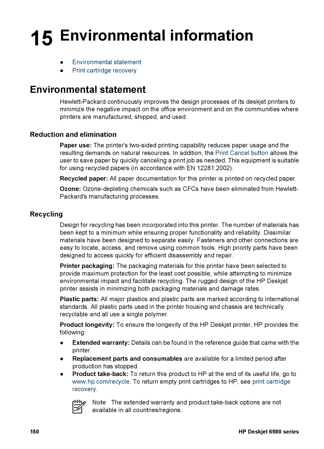 HP 6980 manual Environmental information, Environmental statement, Reduction and elimination, Recycling 