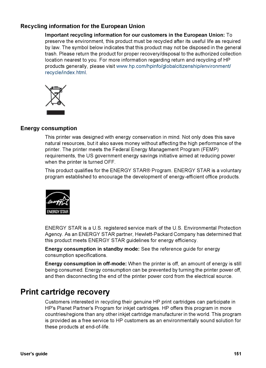 HP 6980 manual Print cartridge recovery, Users guide 151 