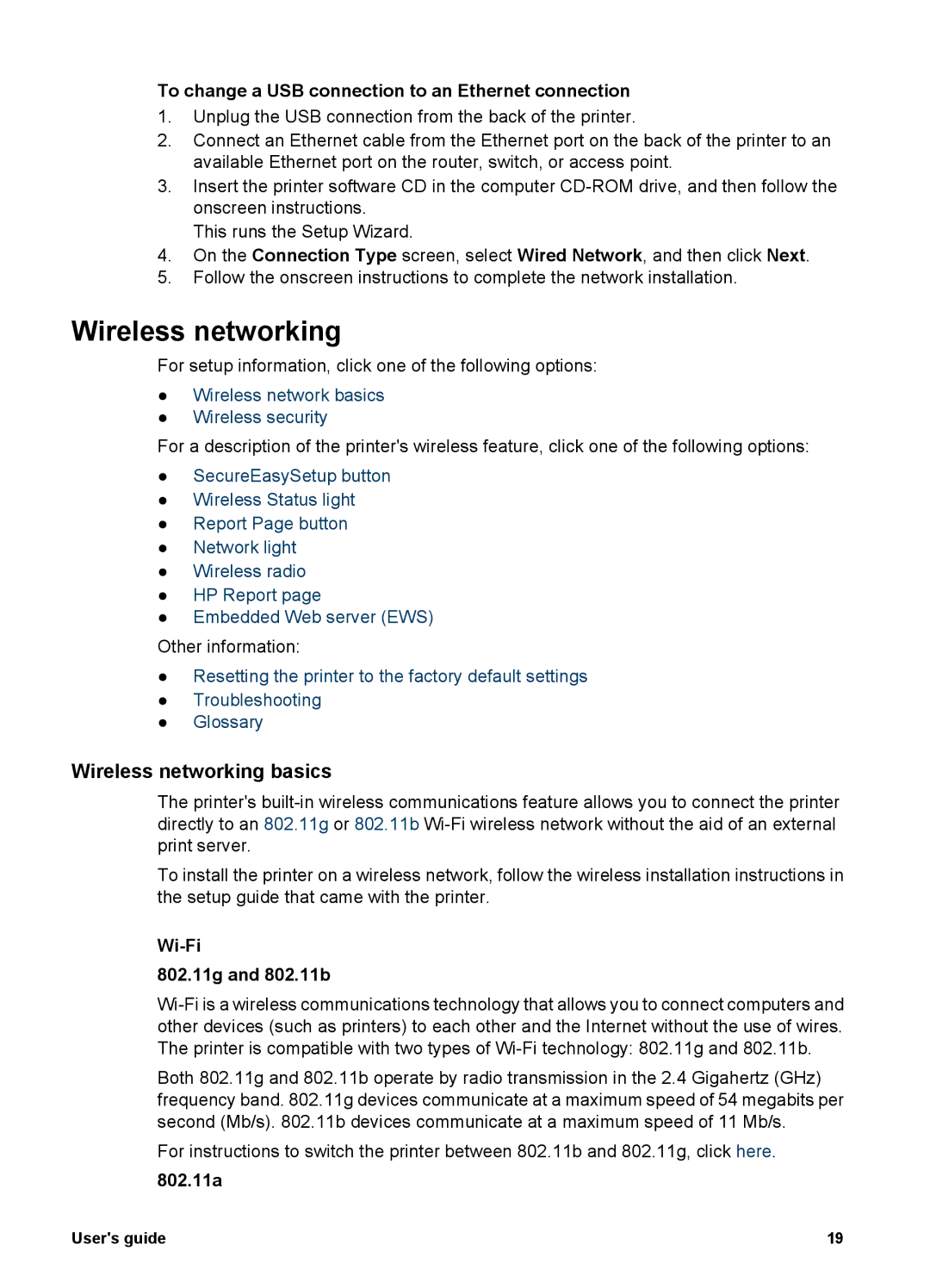 HP 6980 Wireless networking basics, To change a USB connection to an Ethernet connection, Wi-Fi 802.11g and 802.11b 