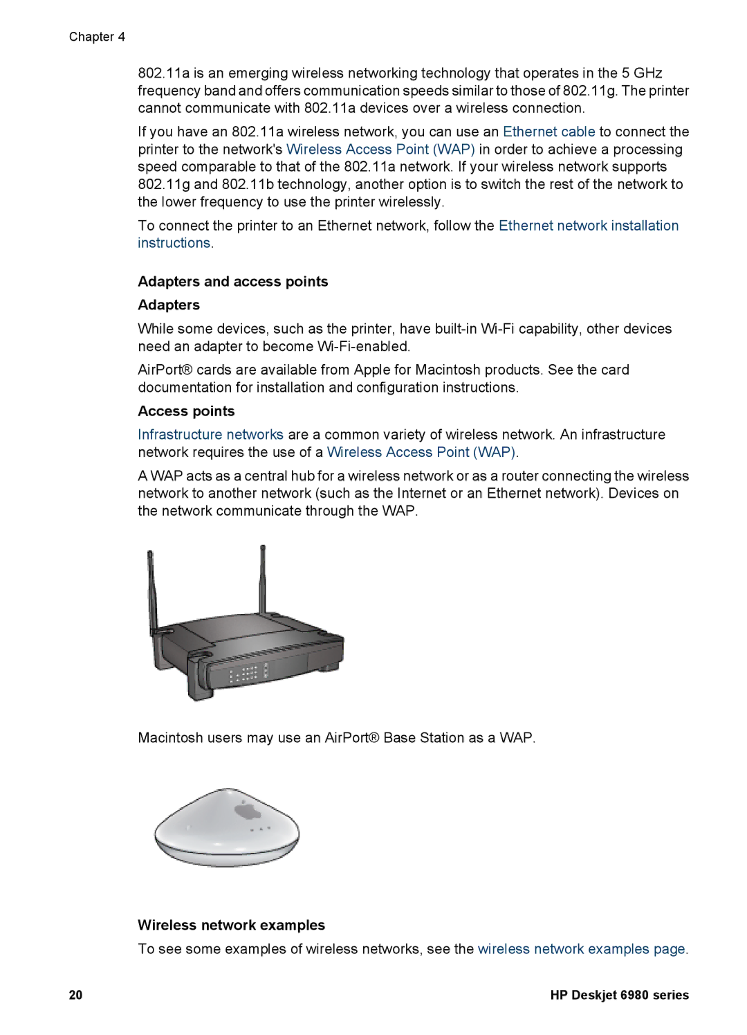 HP 6980 manual Adapters and access points, Access points, Wireless network examples 