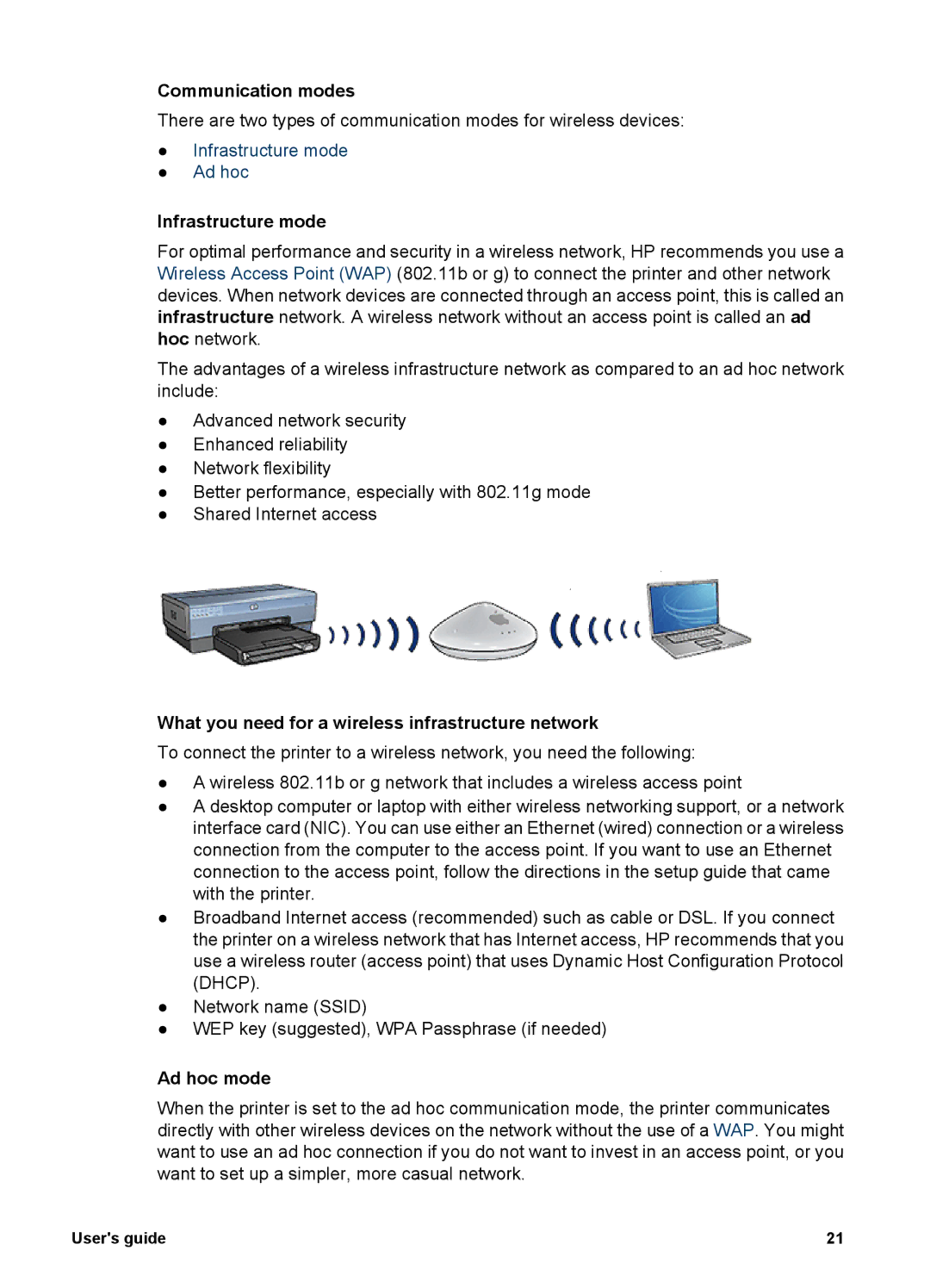 HP 6980 manual Communication modes, Infrastructure mode, What you need for a wireless infrastructure network, Ad hoc mode 