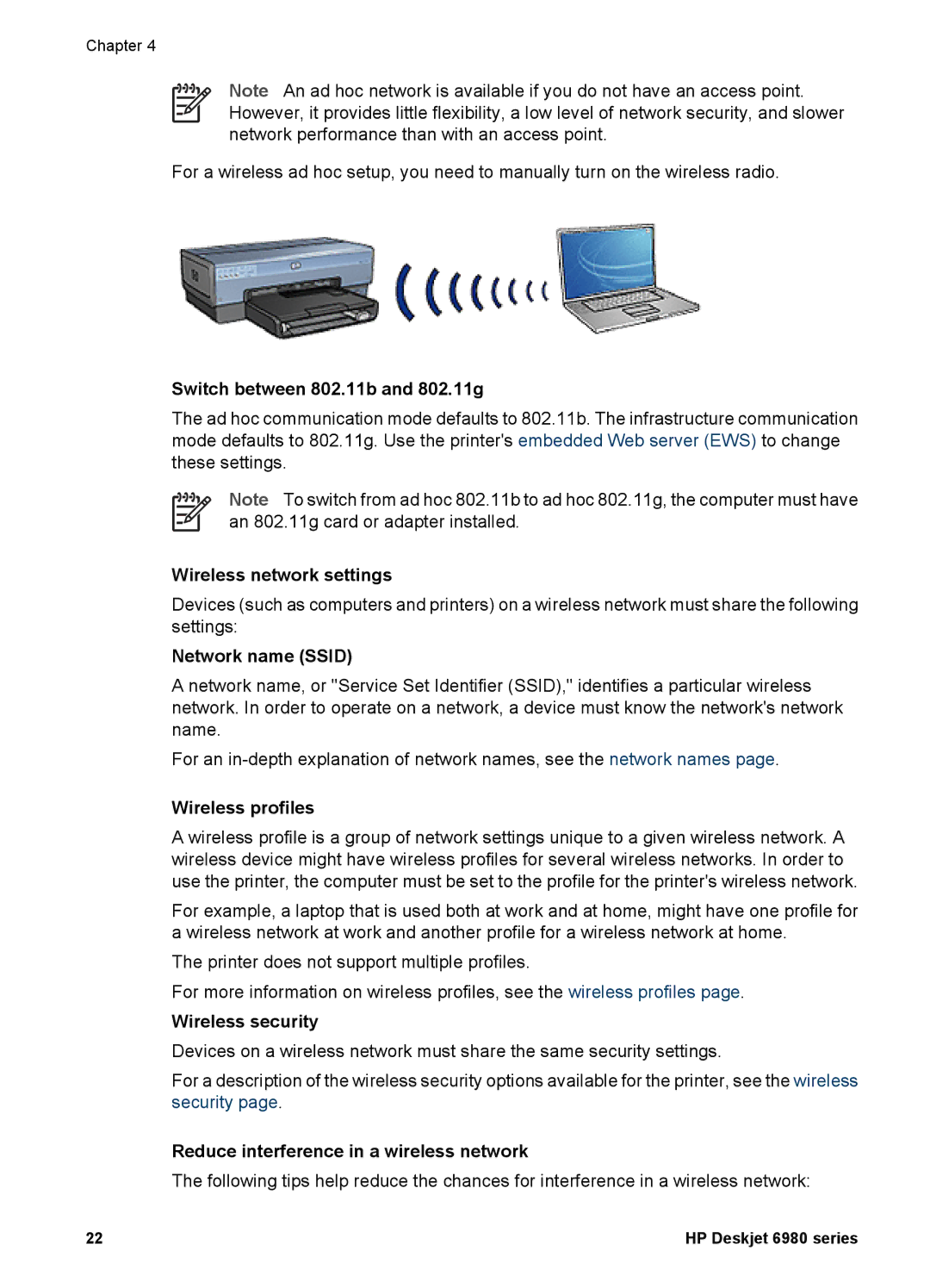 HP 6980 manual Switch between 802.11b and 802.11g, Wireless network settings, Network name Ssid, Wireless profiles 