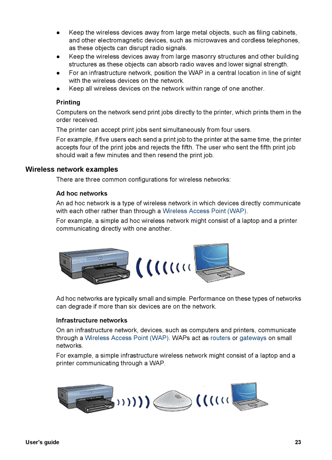 HP 6980 manual Wireless network examples, Printing, Ad hoc networks, Infrastructure networks 