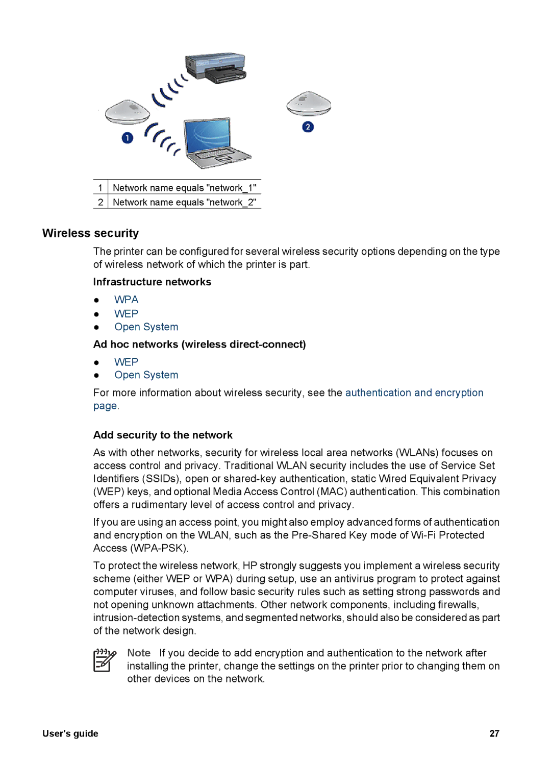 HP 6980 manual Wireless security, Ad hoc networks wireless direct-connect, Add security to the network 