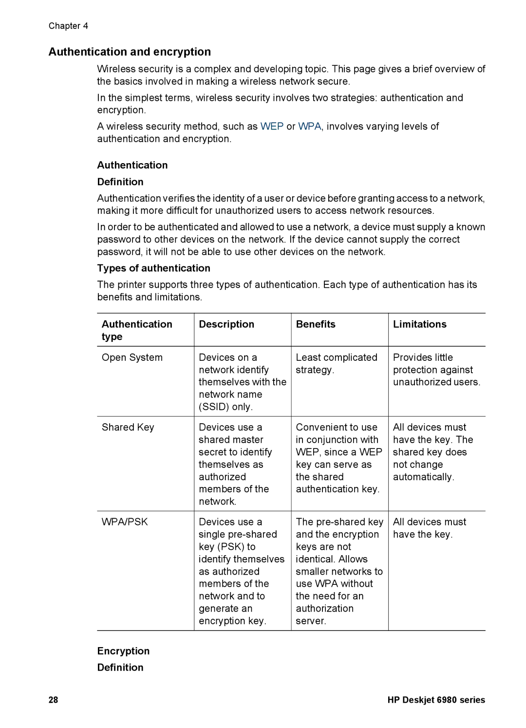 HP 6980 manual Authentication and encryption, Authentication Definition, Types of authentication, Authentication type 