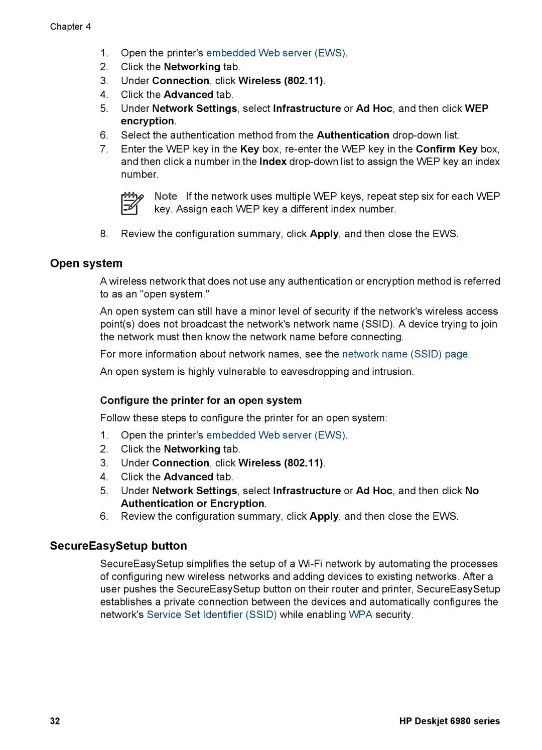 HP 6980 manual Open system, SecureEasySetup button, Configure the printer for an open system 