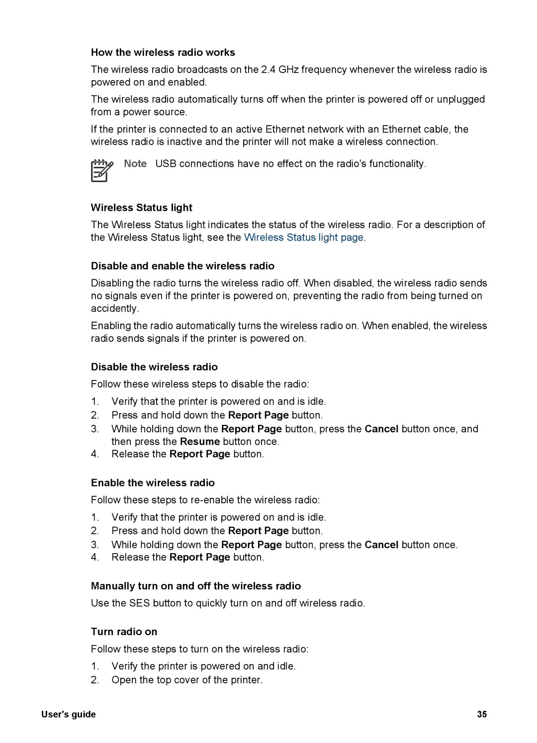 HP 6980 manual How the wireless radio works, Wireless Status light, Disable and enable the wireless radio, Turn radio on 