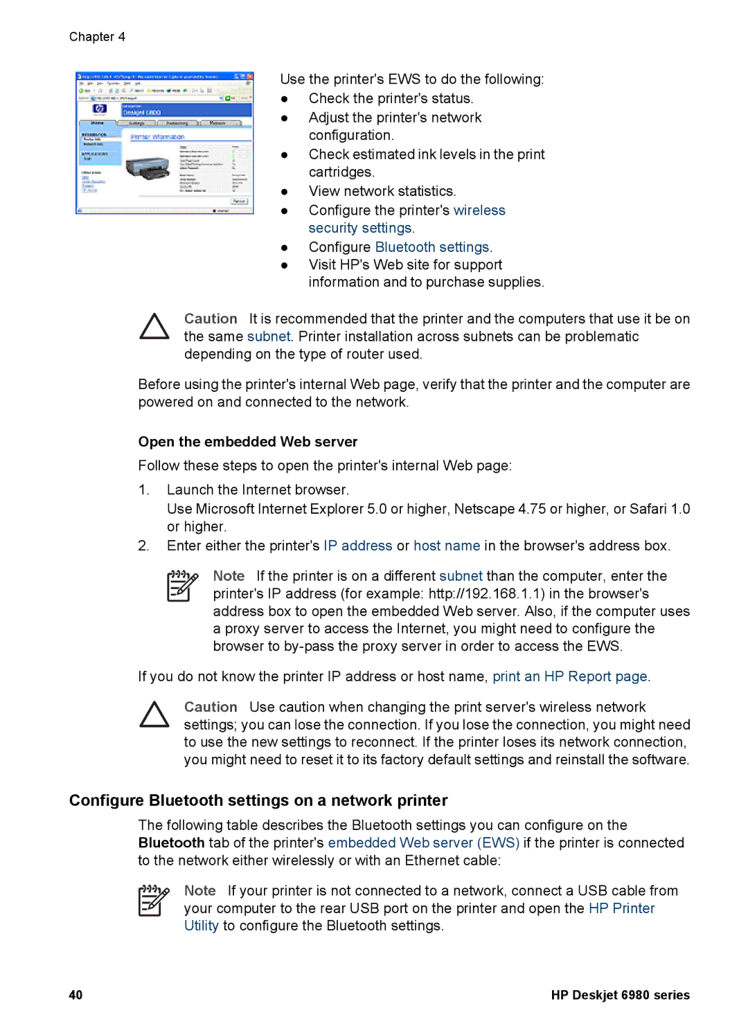 HP 6980 manual Configure Bluetooth settings on a network printer, Open the embedded Web server 