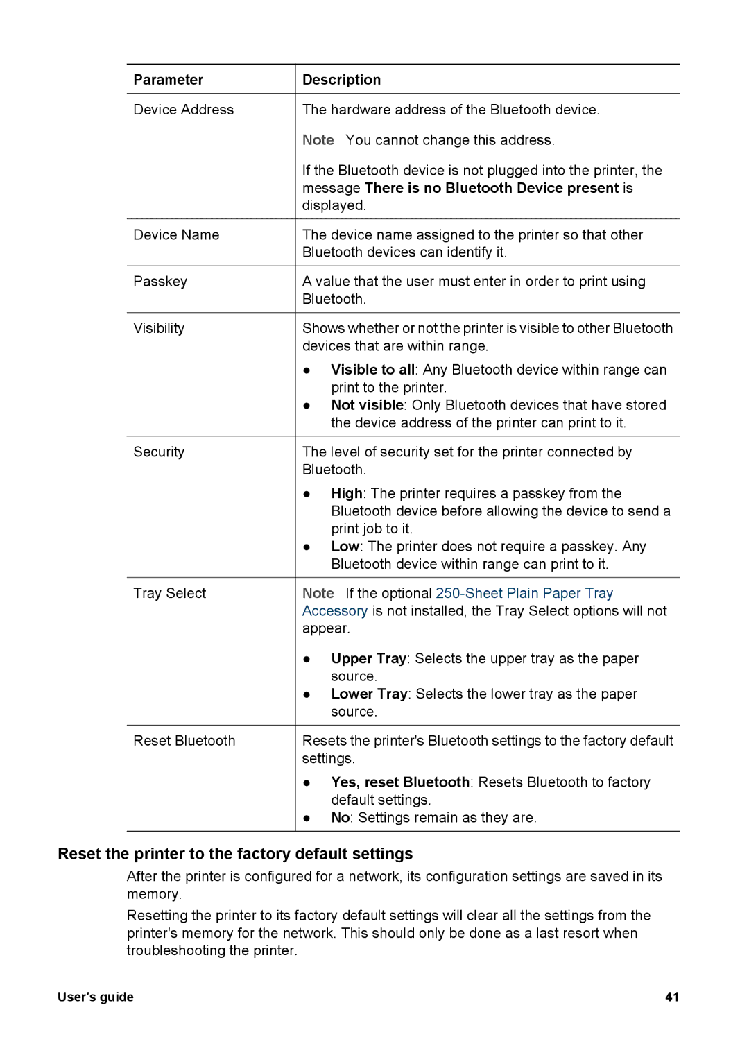 HP 6980 manual Reset the printer to the factory default settings, Parameter 