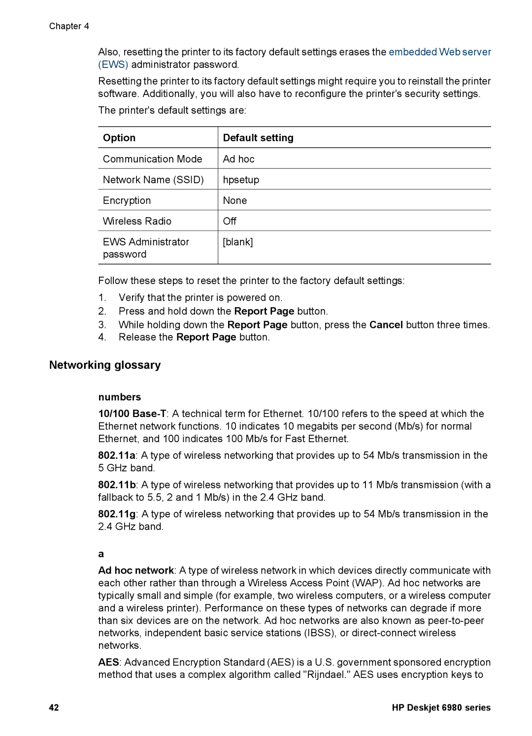 HP 6980 manual Networking glossary, Option, Default setting, Numbers 