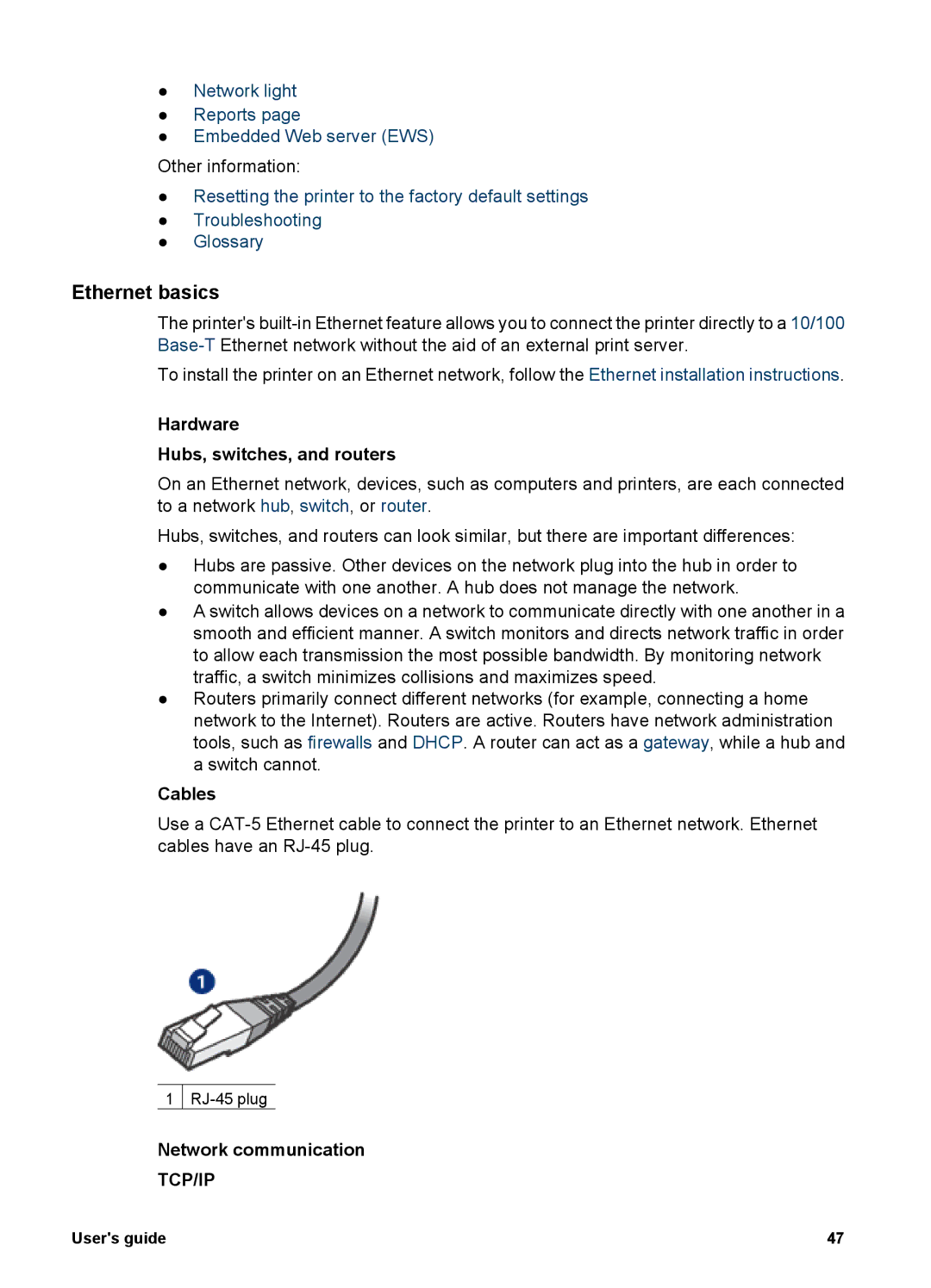 HP 6980 manual Ethernet basics, Hardware Hubs, switches, and routers, Cables, Network communication 