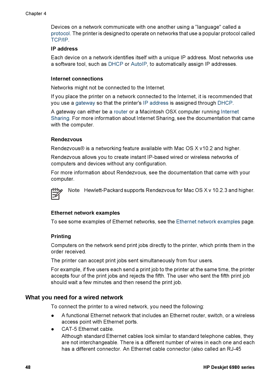 HP 6980 manual What you need for a wired network, IP address, Internet connections, Rendezvous, Ethernet network examples 