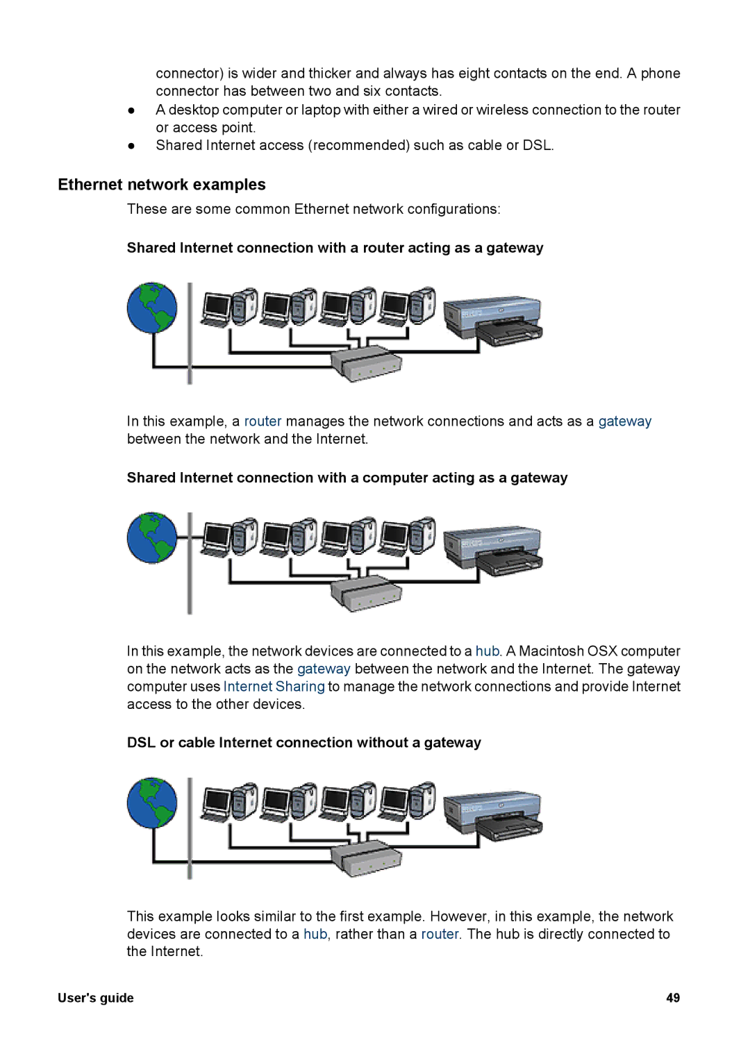 HP 6980 manual Ethernet network examples, DSL or cable Internet connection without a gateway 