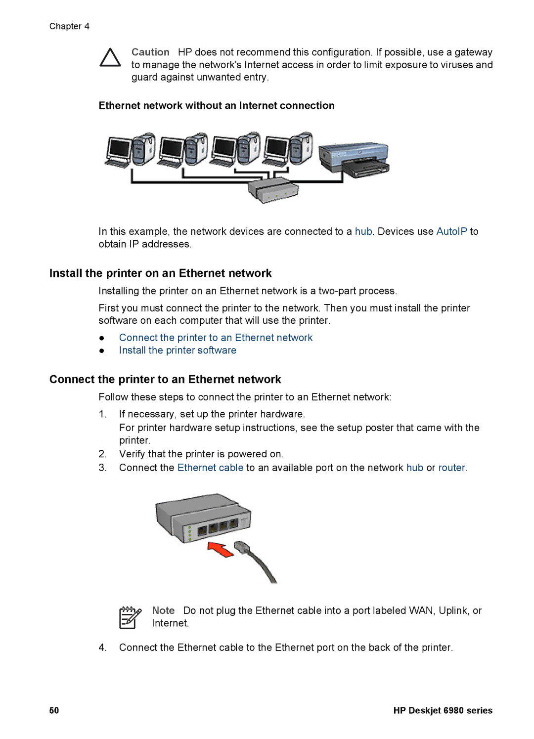 HP 6980 manual Install the printer on an Ethernet network, Connect the printer to an Ethernet network 