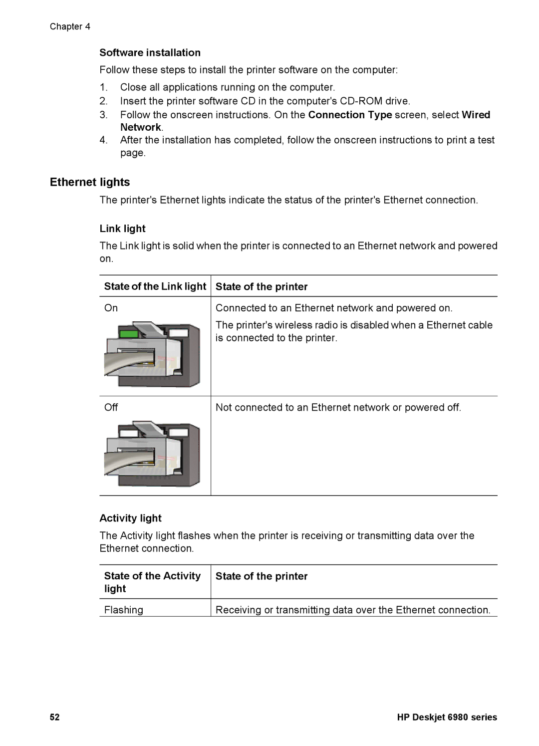 HP 6980 manual Ethernet lights, Software installation, State of the Link light State of the printer, Activity light 