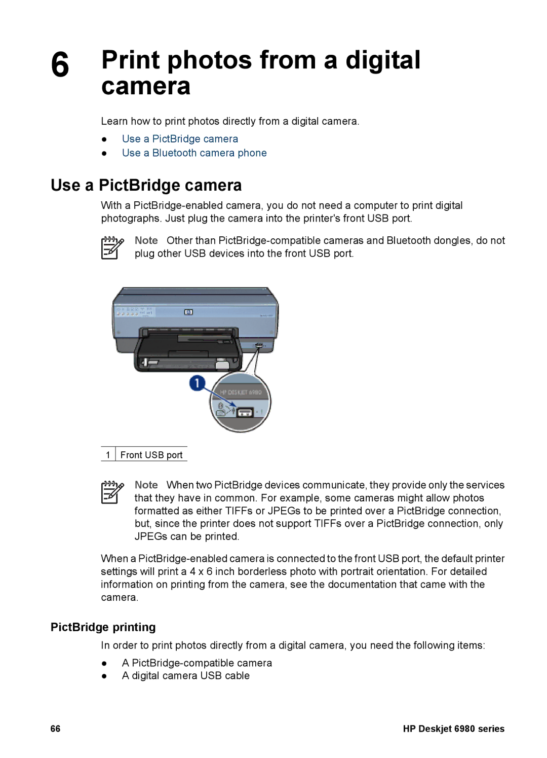 HP 6980 manual Print photos from a digital, Camera, Use a PictBridge camera, PictBridge printing 