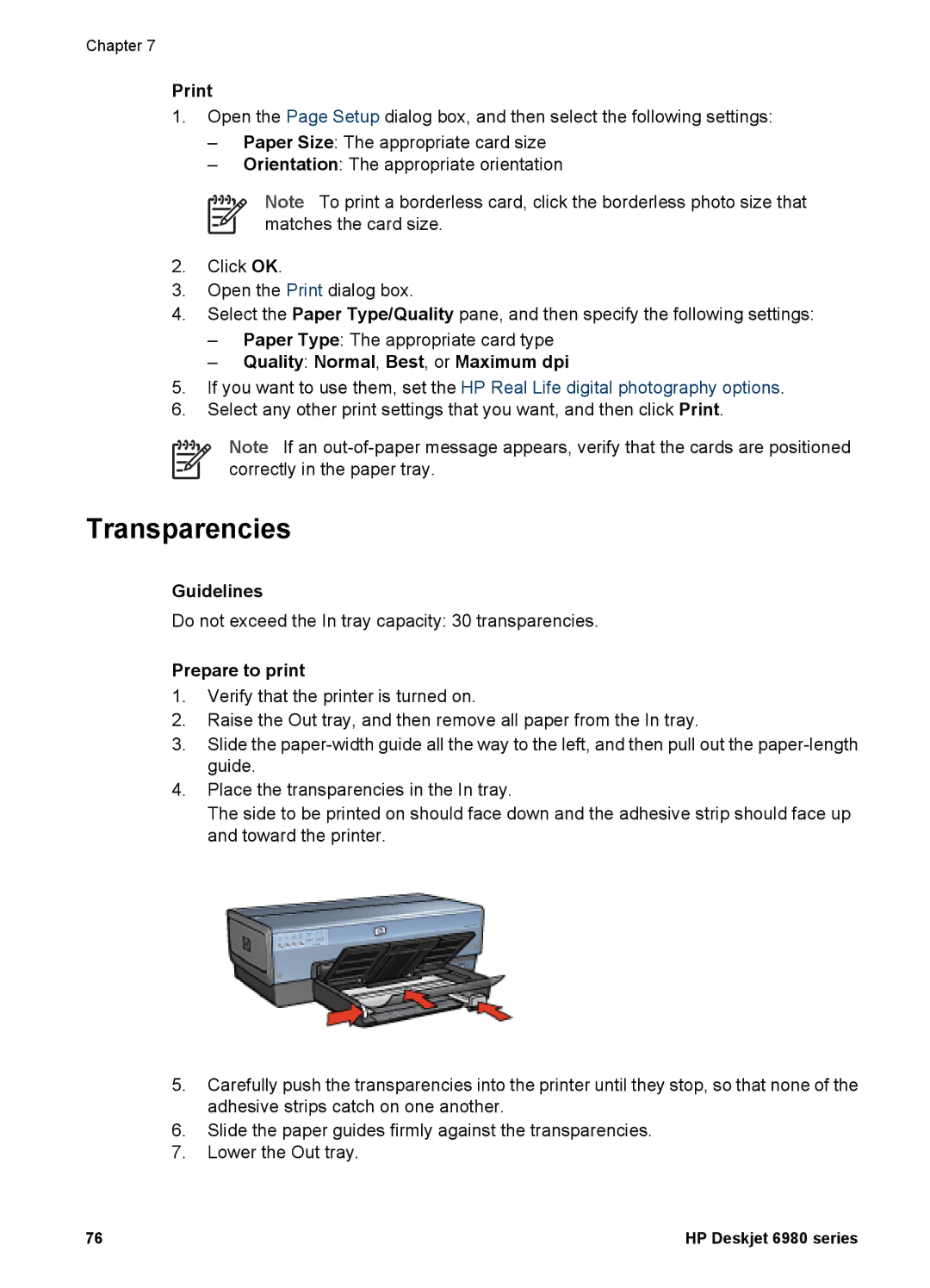 HP 6980 manual Transparencies, Quality Normal, Best, or Maximum dpi 