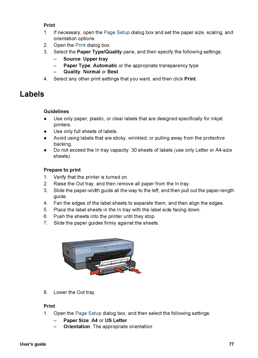 HP 6980 manual Labels, Paper Size A4 or US Letter 