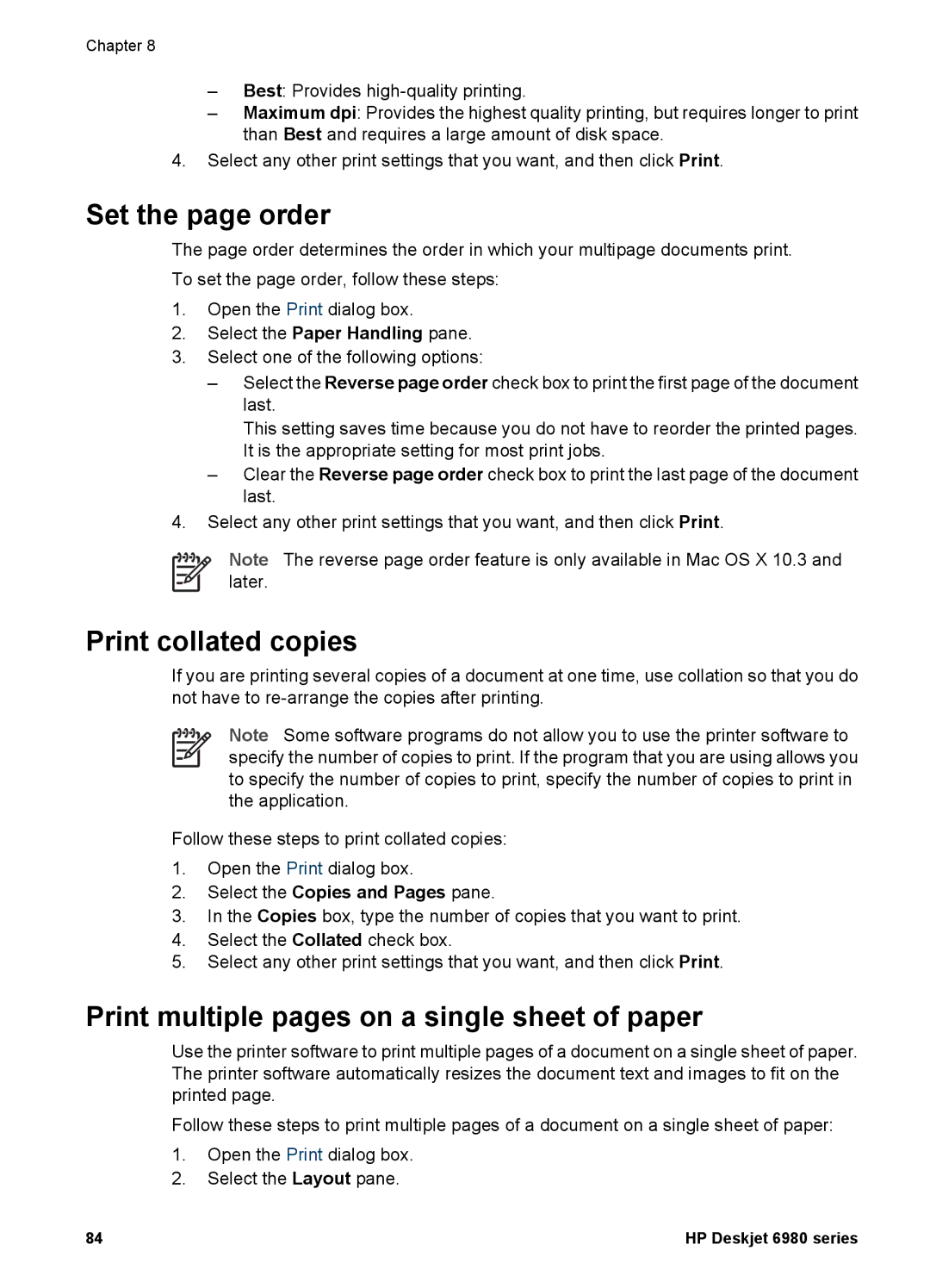 HP 6980 manual Set the page order, Print collated copies, Print multiple pages on a single sheet of paper 