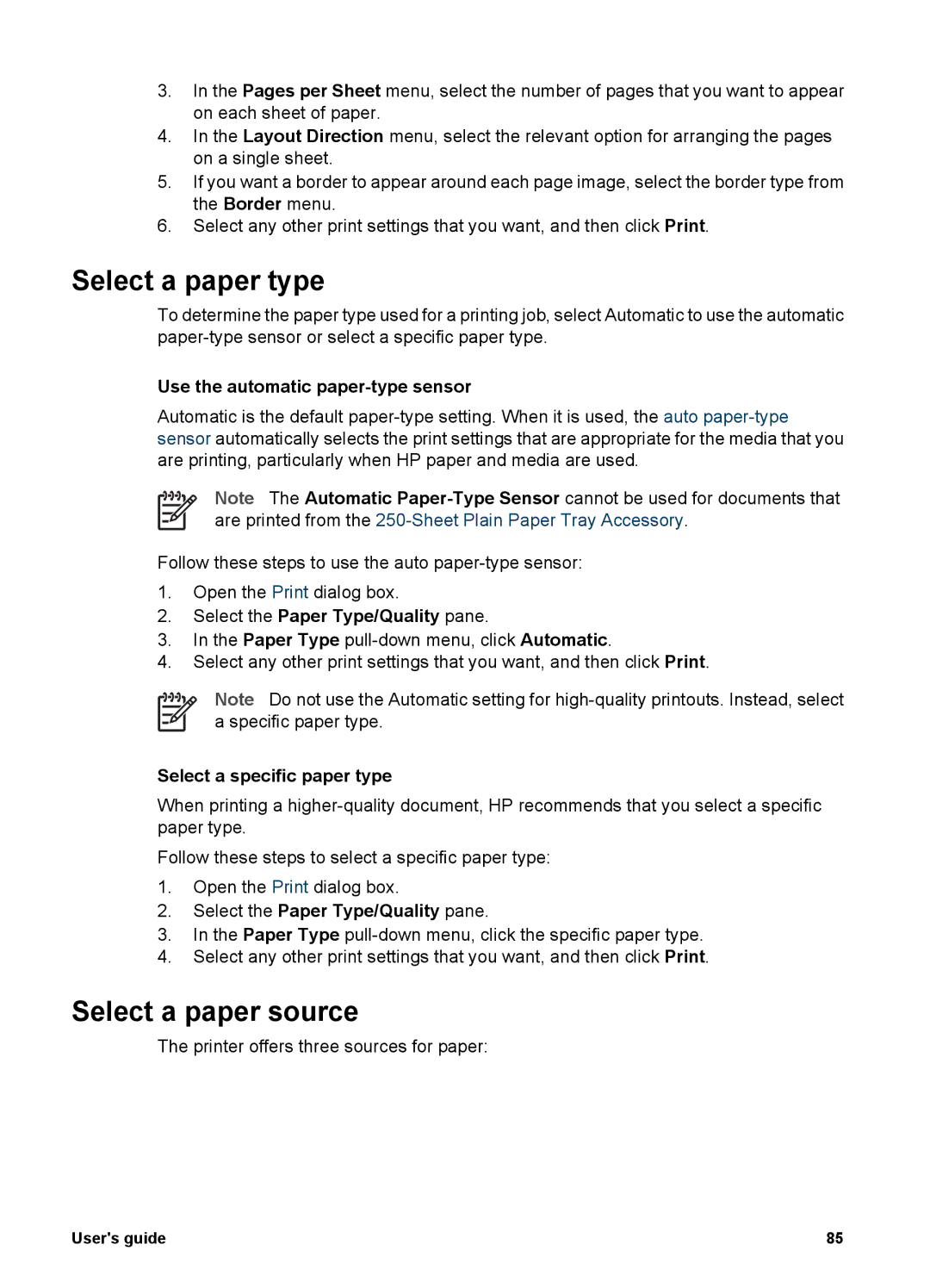 HP 6980 Select a paper type, Select a paper source, Use the automatic paper-type sensor, Select a specific paper type 