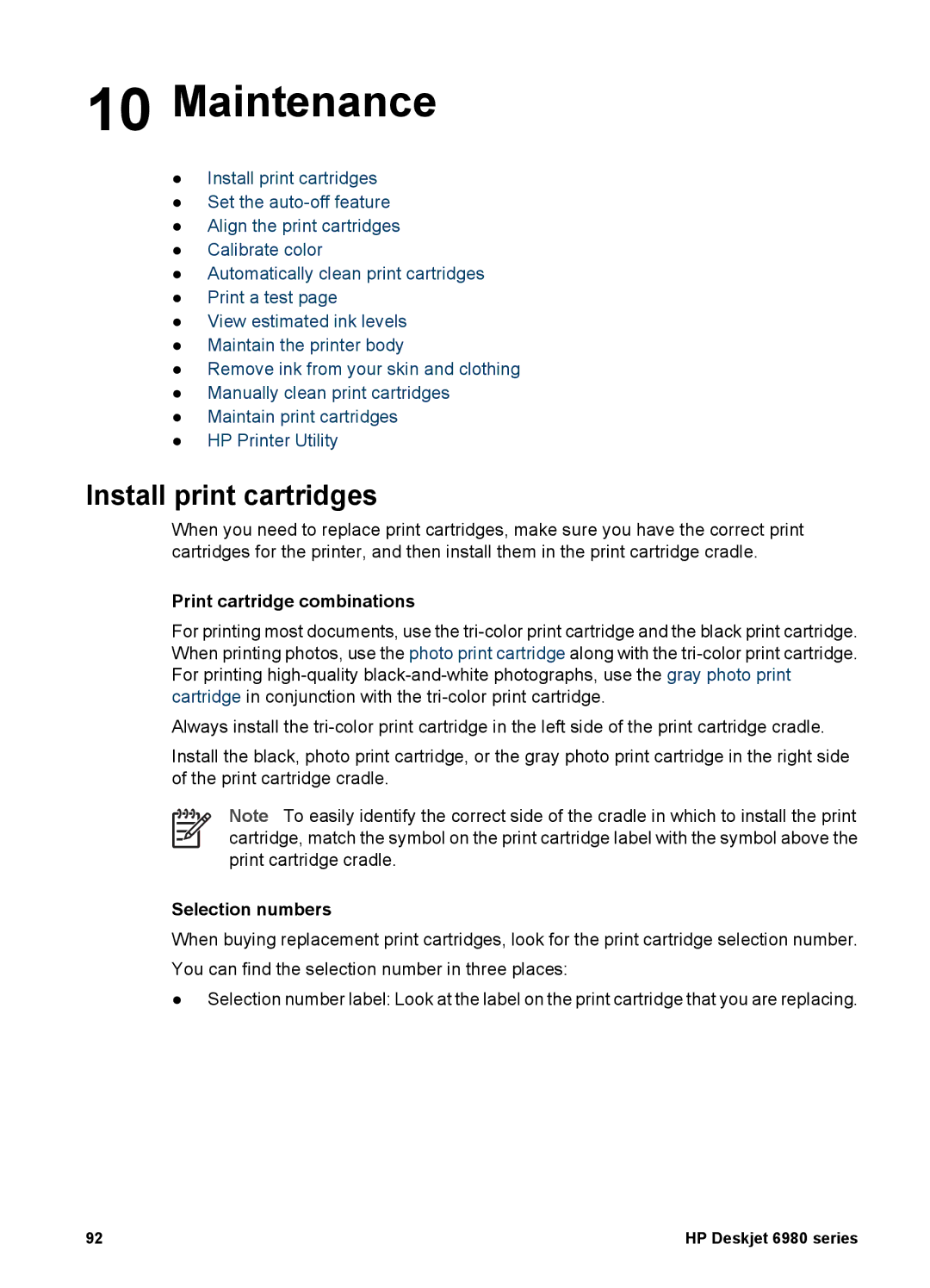 HP 6980 manual Maintenance, Install print cartridges, Print cartridge combinations, Selection numbers 