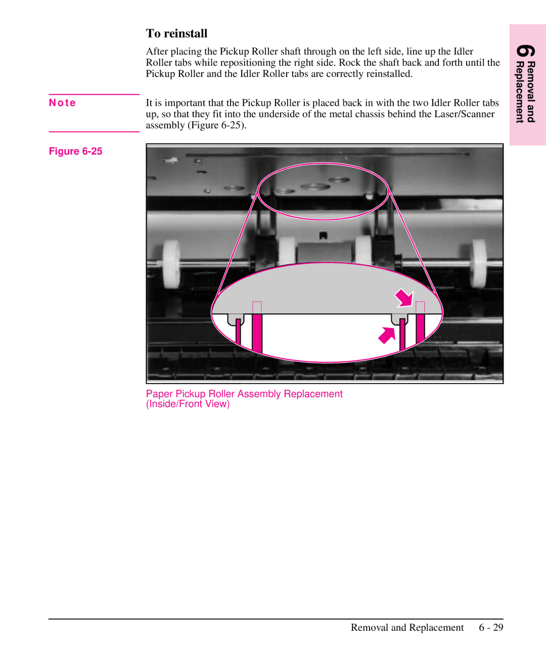 HP 6L, 5L manual Assembly Figure, Paper Pickup Roller Assembly Replacement Inside/Front View 