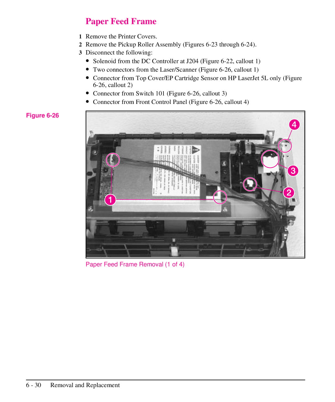 HP 5L, 6L manual Paper Feed Frame Removal 1 