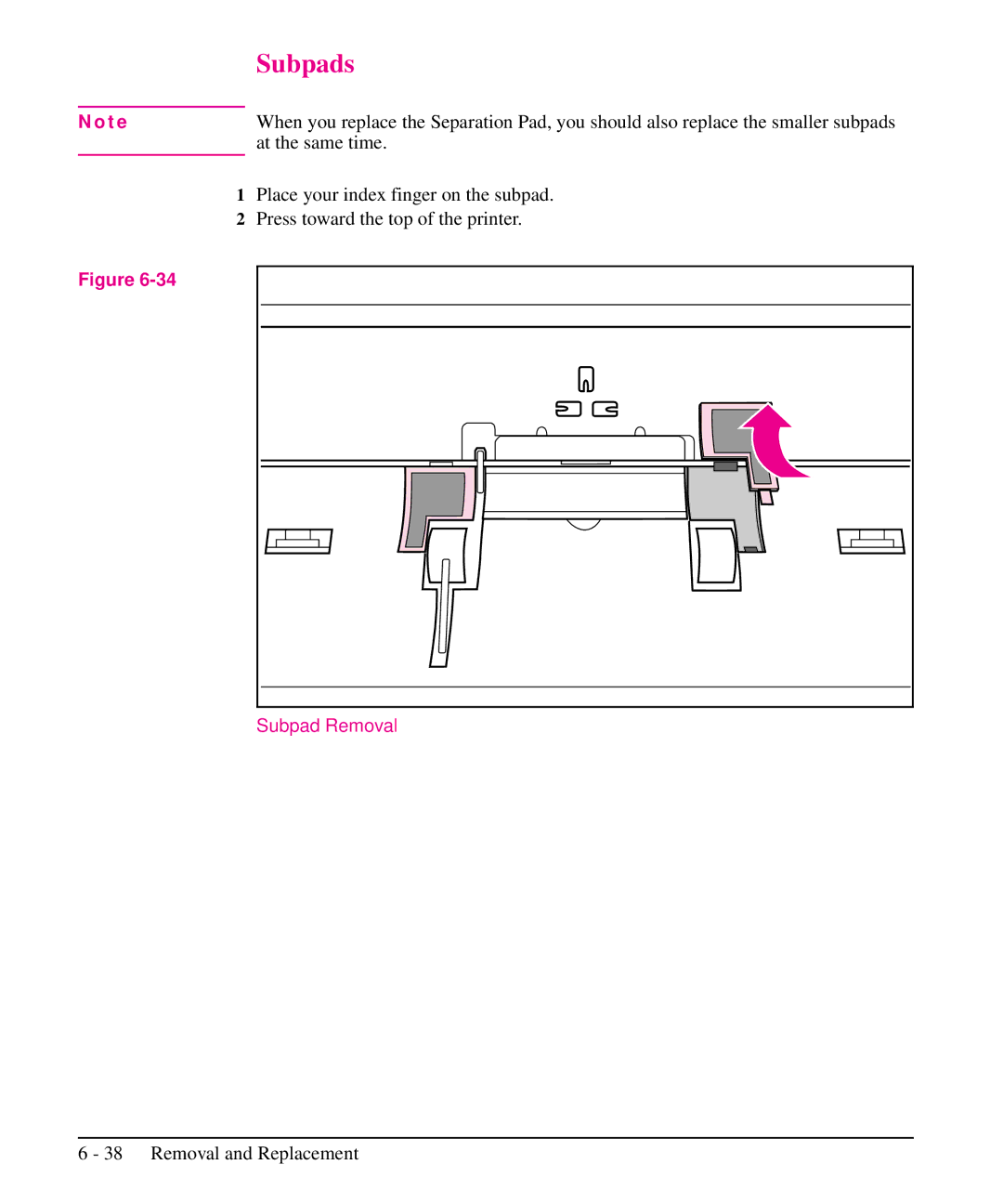 HP 5L, 6L manual Subpads, At the same time, Place your index finger on the subpad, Press toward the top of the printer 