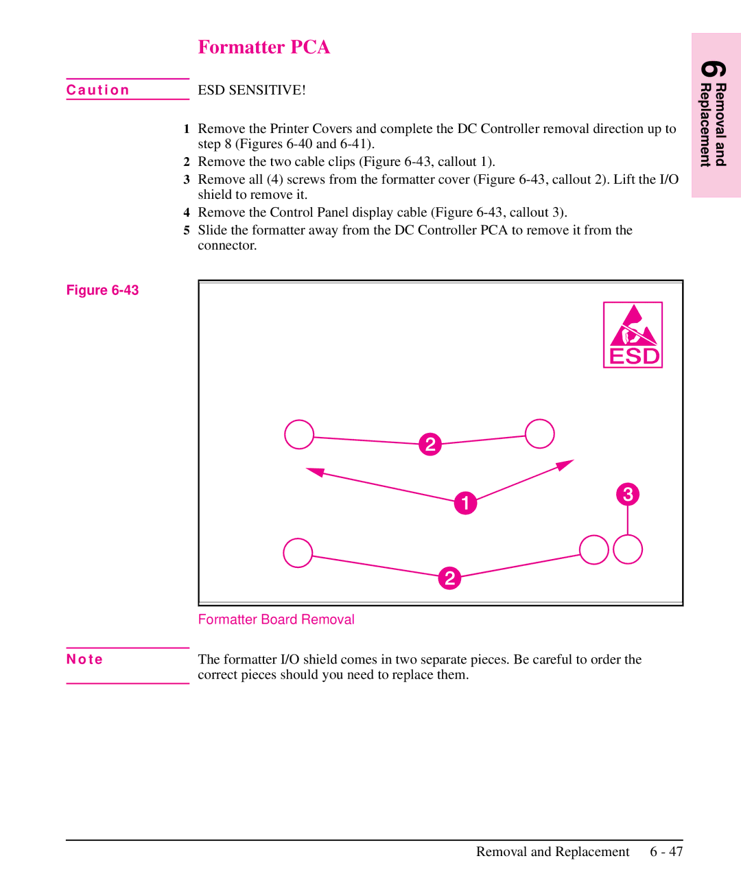 HP 6L, 5L manual Formatter PCA, Correct pieces should you need to replace them, Formatter Board Removal 