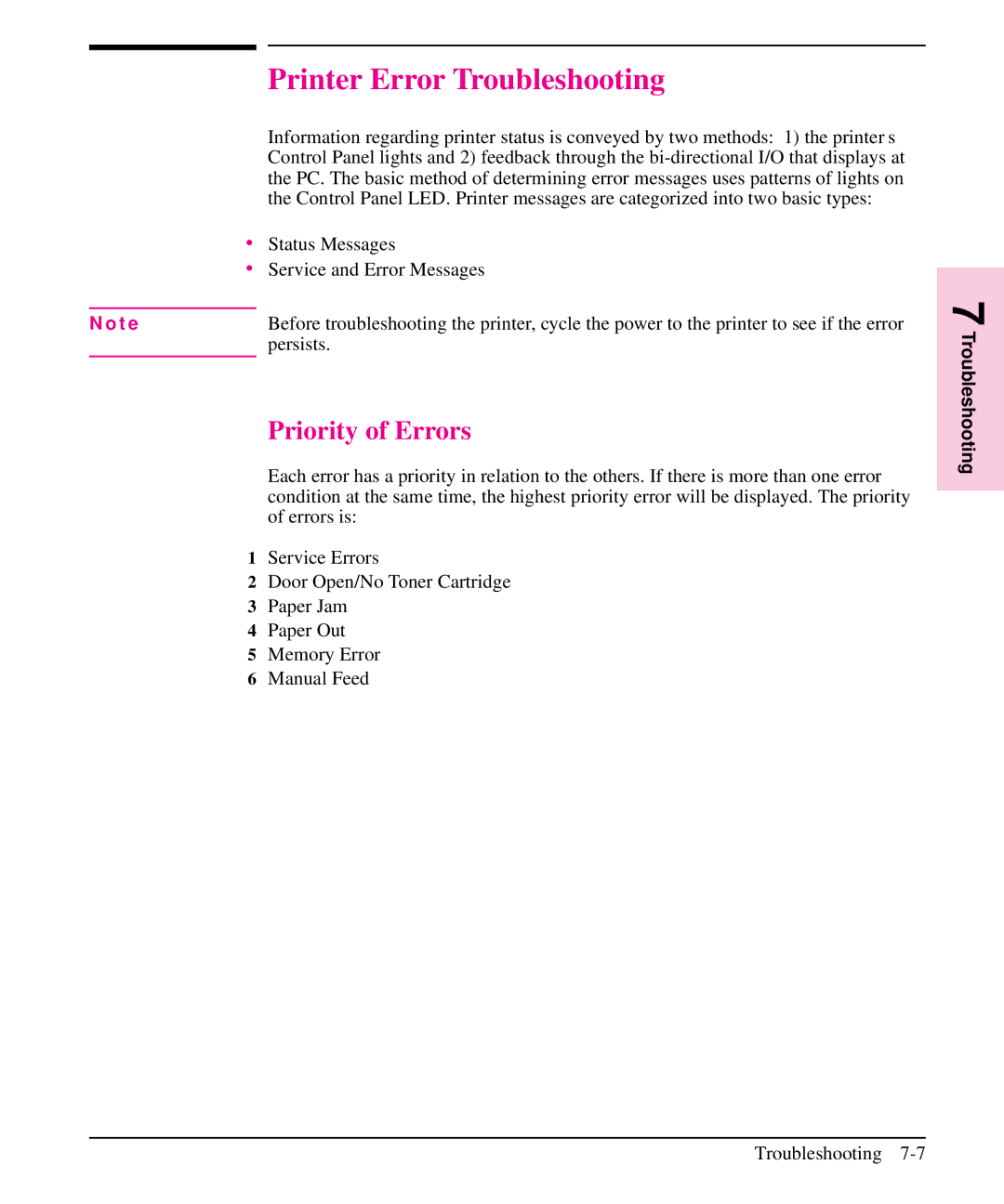 HP 6L, 5L manual Printer Error Troubleshooting, Priority of Errors, ∙ Status Messages ∙ Service and Error Messages, Persists 