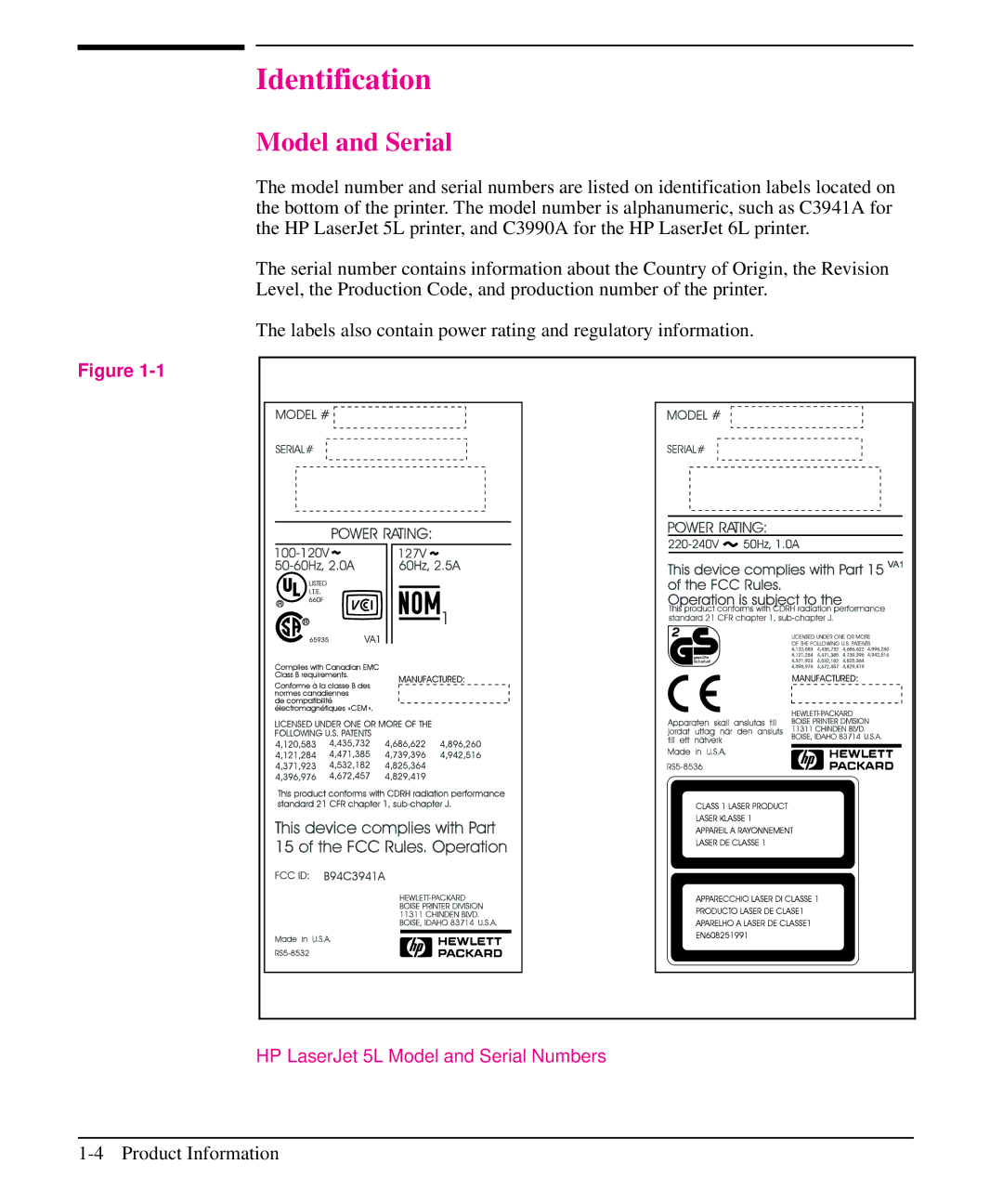 HP 6L manual Identification, HP LaserJet 5L Model and Serial Numbers 