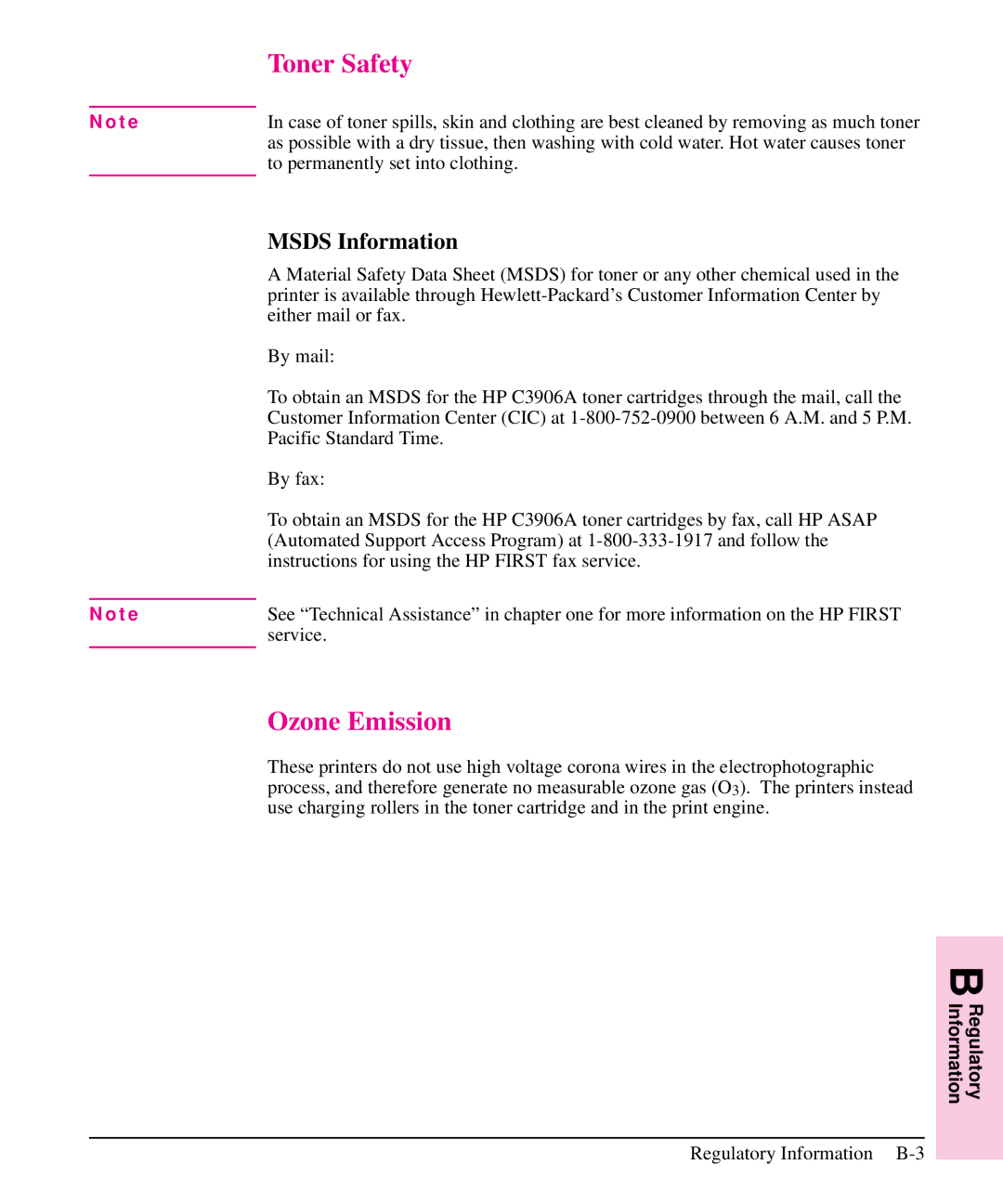 HP 6L, 5L manual Toner Safety, Ozone Emission, Regulatory Information B-3 