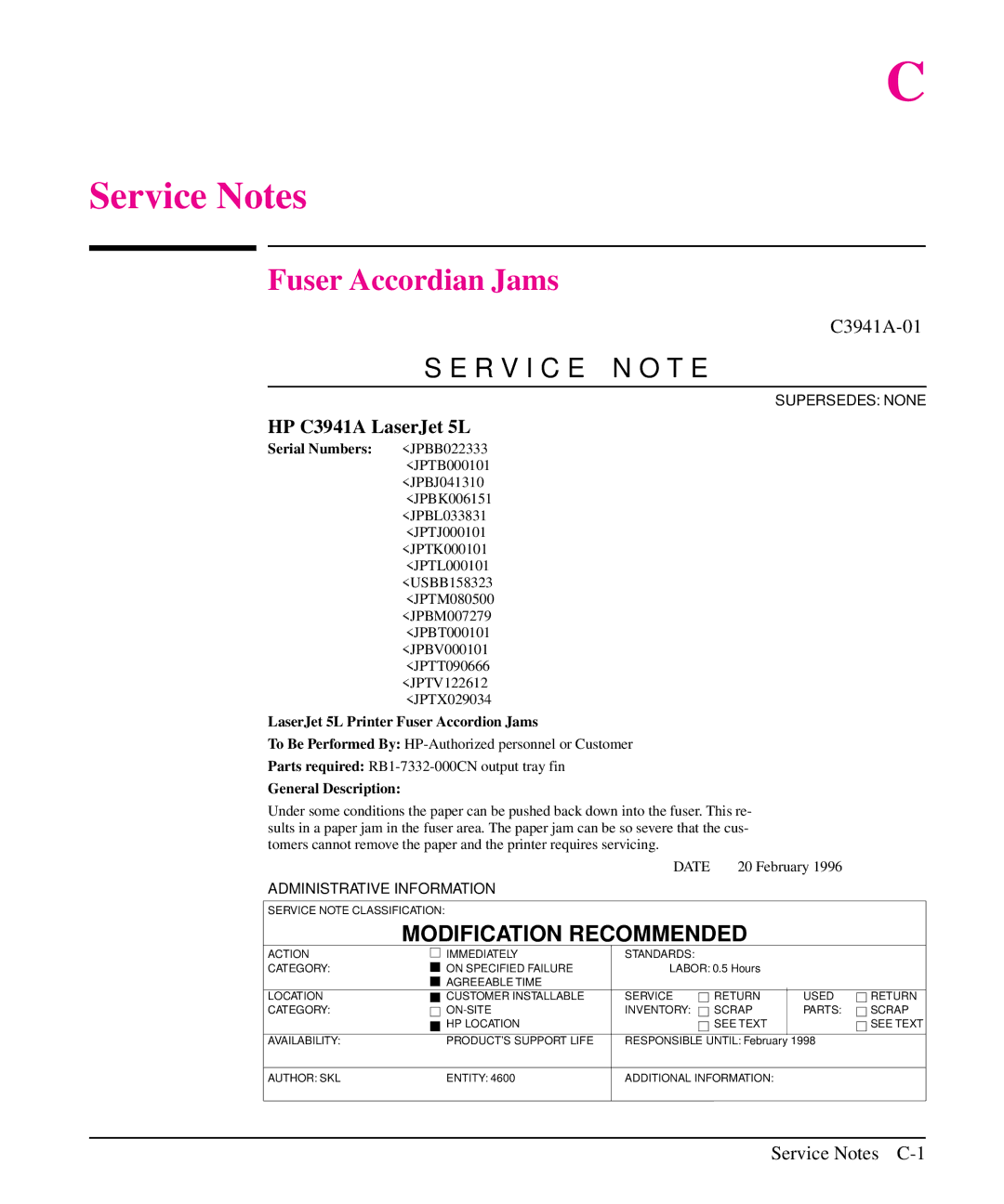 HP 6L, 5L manual Fuser Accordian Jams, C3941A-01, Service Notes C-1 