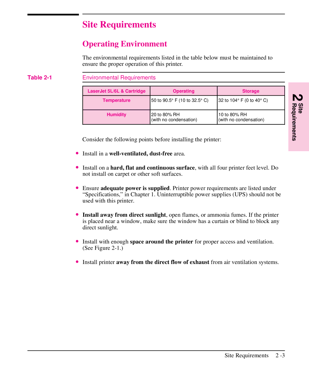 HP 6L, 5L manual Site Requirements, Operating Environment, Consider the following points before installing the printer 