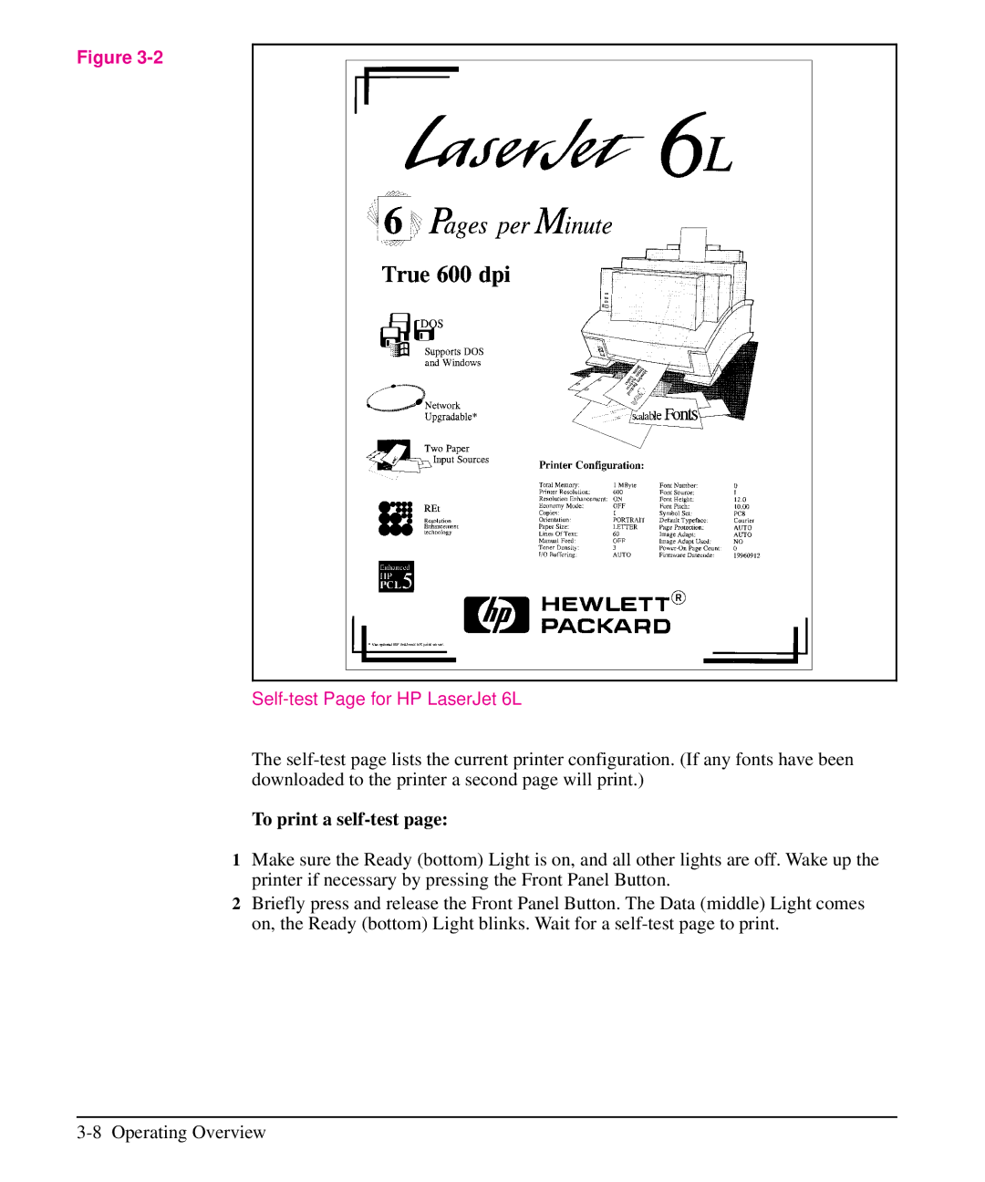 HP 5L manual To print a self-test, Self-test Page for HP LaserJet 6L 