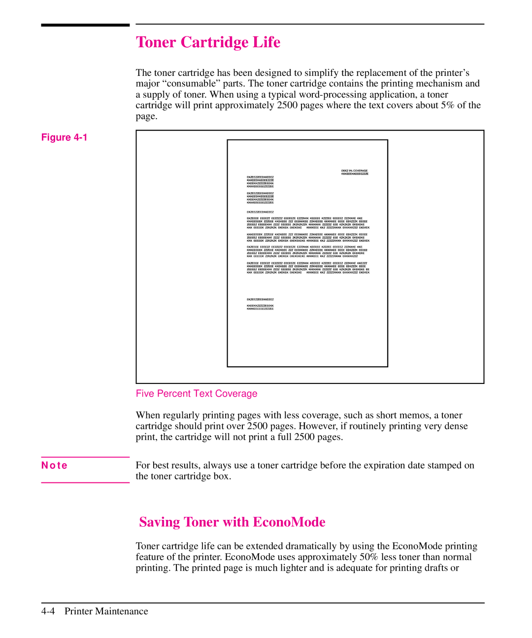 HP 5L, 6L manual Toner Cartridge Life, Saving Toner with EconoMode, Toner cartridge box, Five Percent Text Coverage 