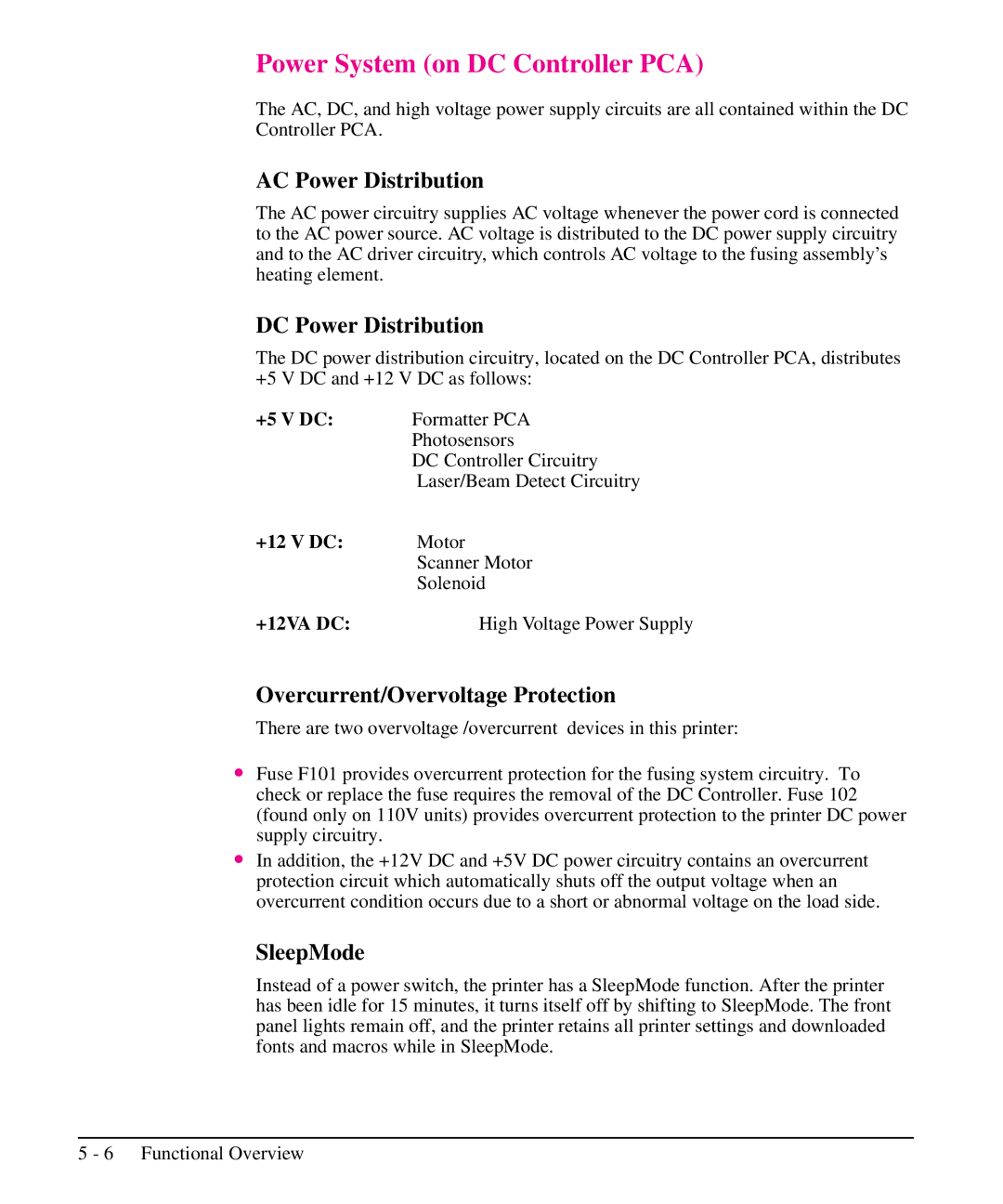 HP 5L, 6L manual Power System on DC Controller PCA 