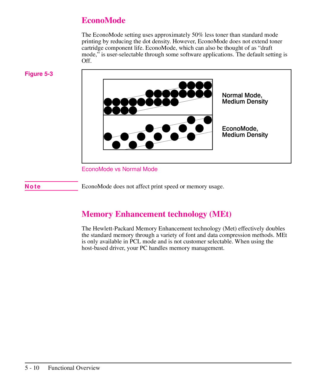 HP 5L, 6L manual Memory Enhancement technology MEt, EconoMode vs Normal Mode 