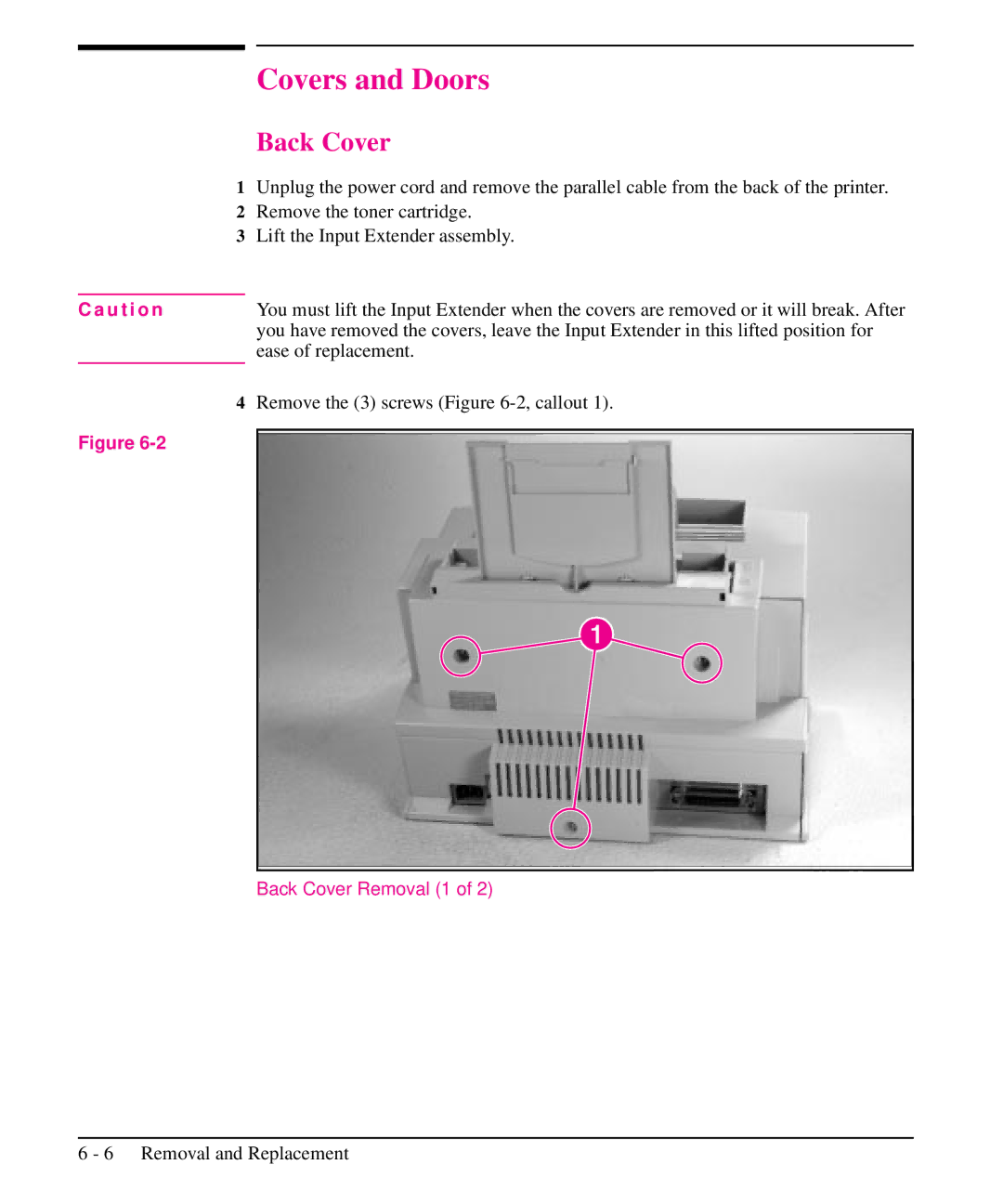 HP 5L, 6L manual Covers and Doors, Ease of replacement, Remove the 3 screws -2, callout, Back Cover Removal 1 