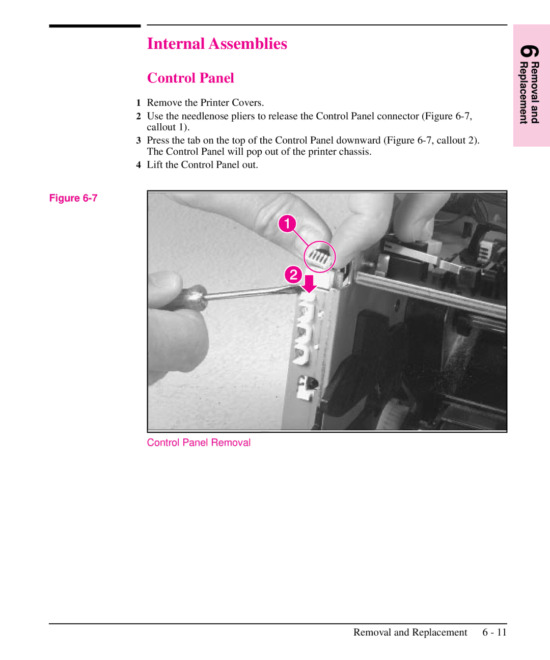 HP 6L, 5L manual Internal Assemblies, Control Panel Removal 