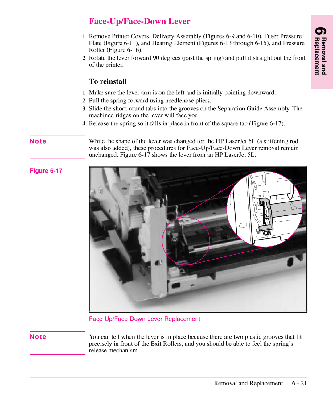 HP 6L manual Face-Up/Face-Down Lever, Unchanged. -17 shows the lever from an HP LaserJet 5L, Release mechanism 