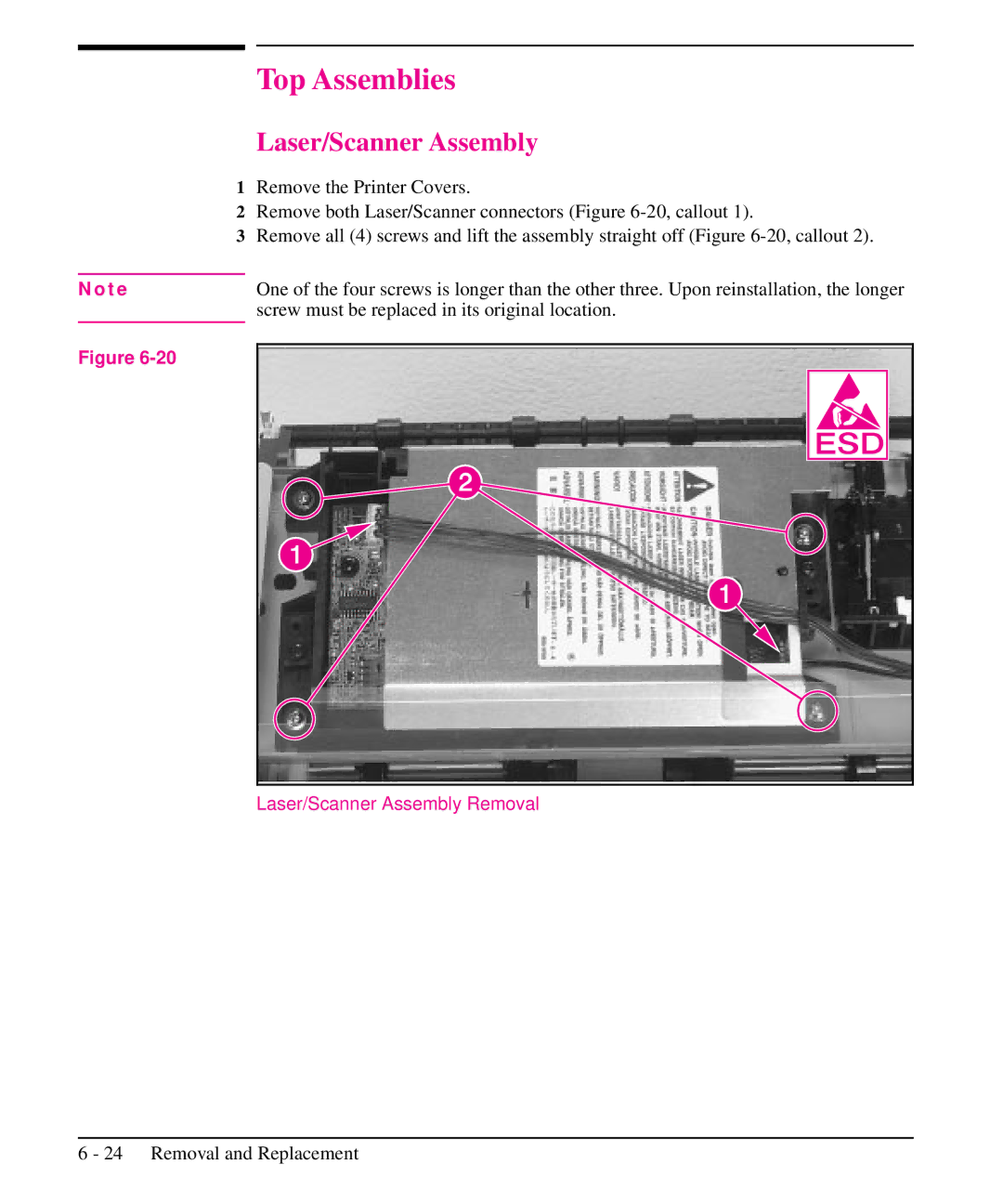 HP 5L, 6L manual Top Assemblies, Laser/Scanner Assembly Removal 