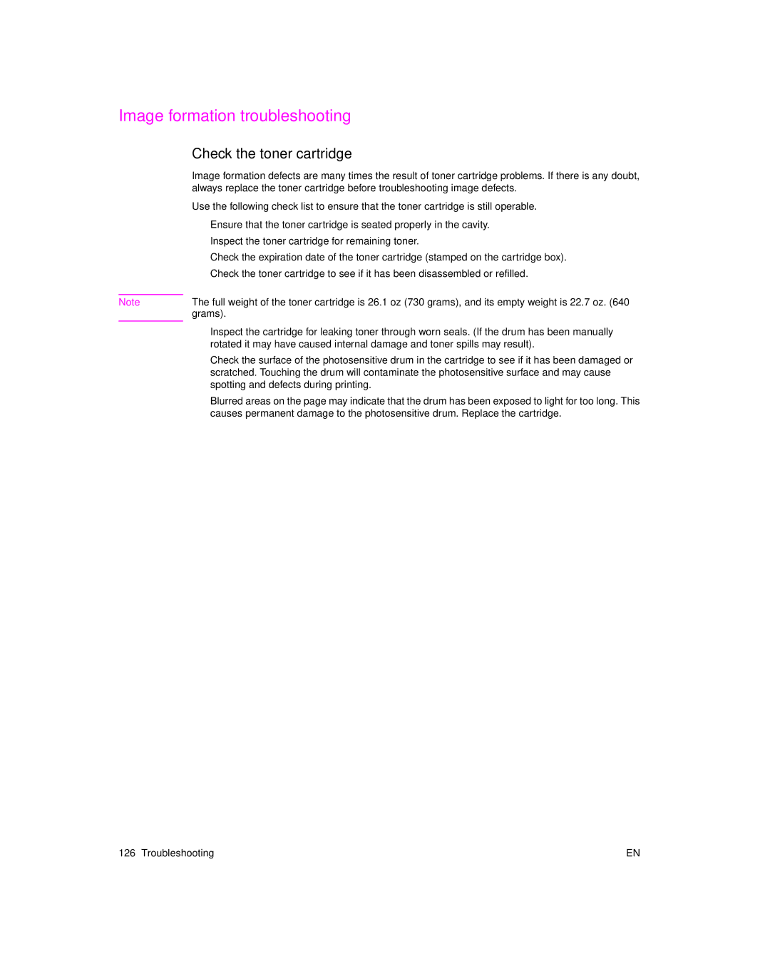 HP 6L pro, 6L Gold manual Image formation troubleshooting, Check the toner cartridge 