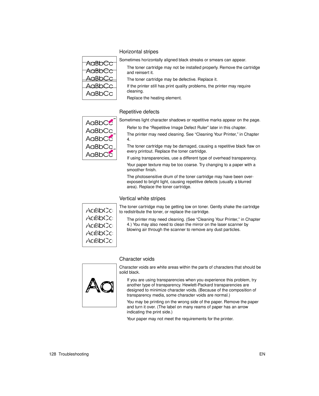 HP 6L pro, 6L Gold manual Horizontal stripes, Repetitive defects, Vertical white stripes, Character voids 