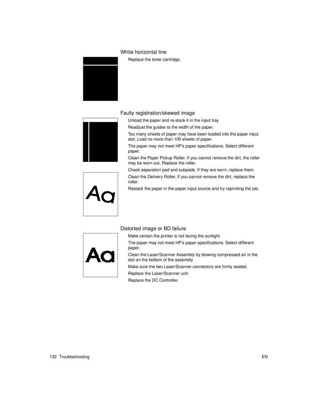 HP 6L pro, 6L Gold manual White horizontal line, Faulty registration/skewed image, Distorted image or BD failure 