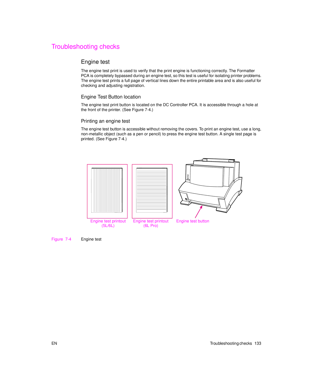 HP 6L Gold, 6L pro manual Troubleshooting checks, Engine test, Engine Test Button location, Printing an engine test 