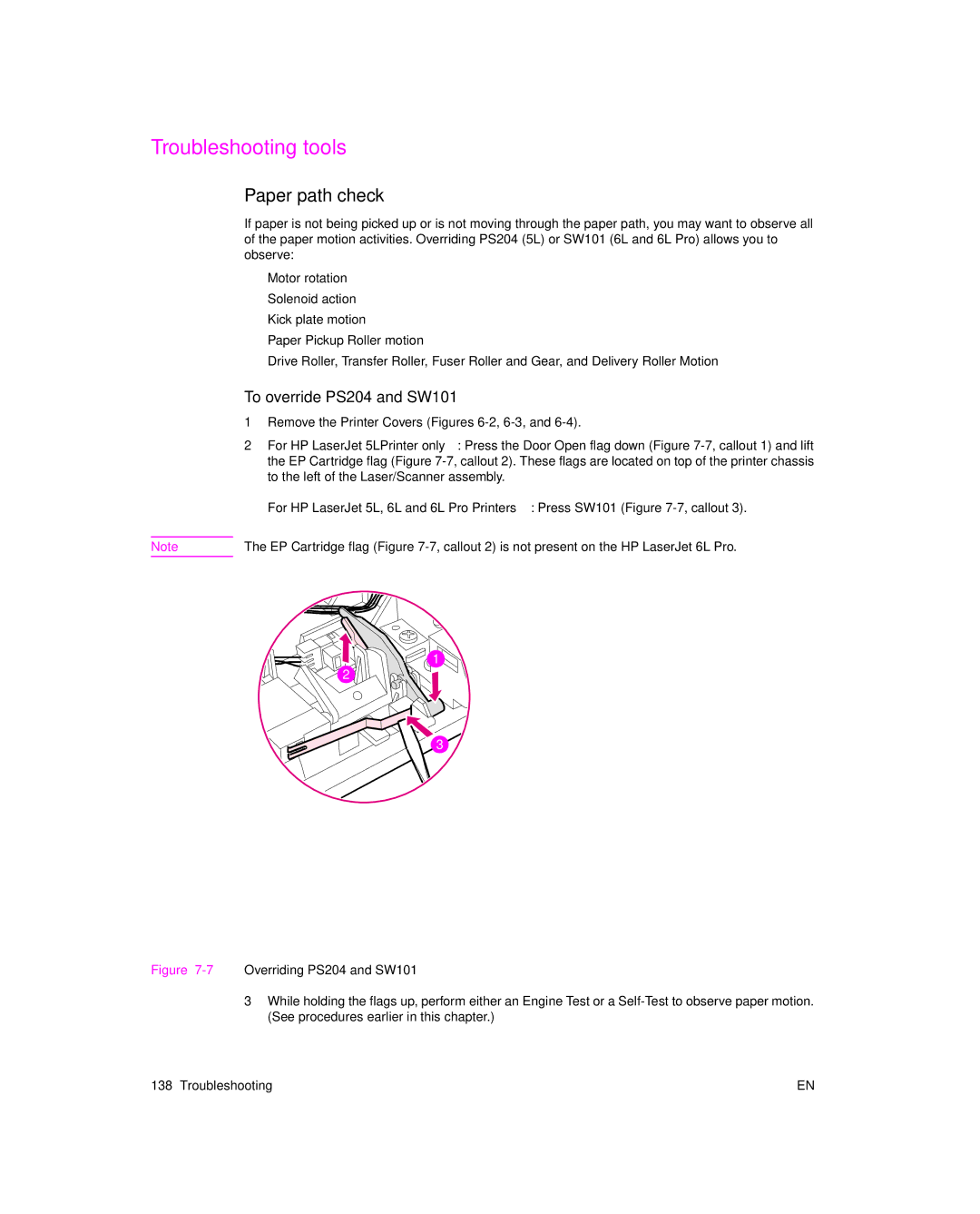 HP 6L pro, 6L Gold manual Troubleshooting tools, Paper path check, To override PS204 and SW101 