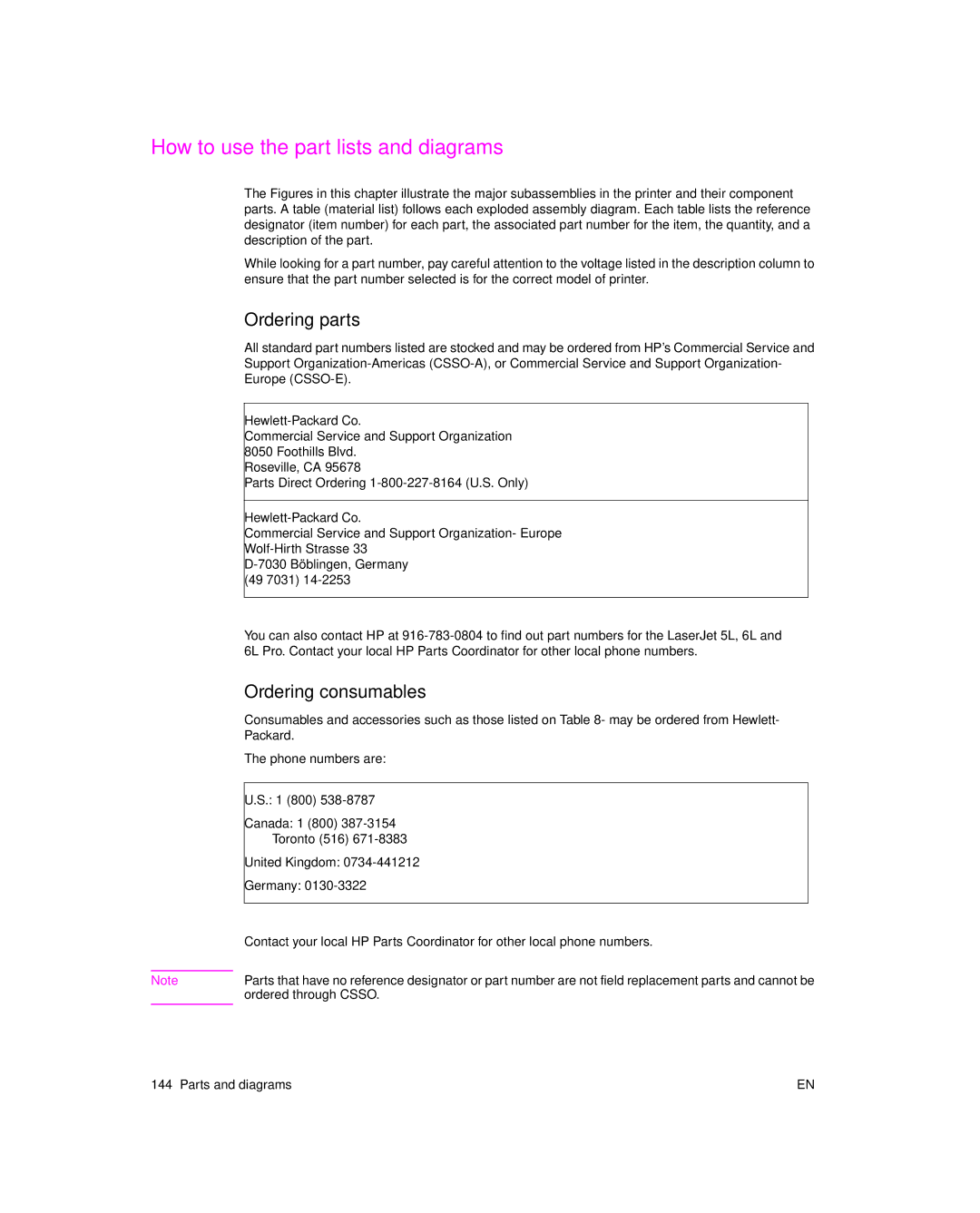 HP 6L pro, 6L Gold manual How to use the part lists and diagrams, Ordering consumables 