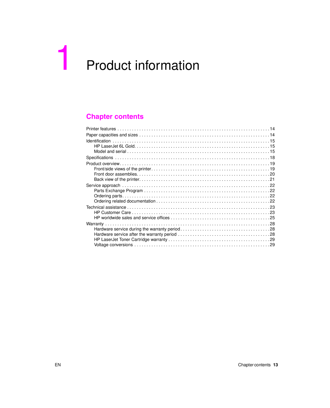 HP 6L Gold, 6L pro manual Product information, Chapter contents 