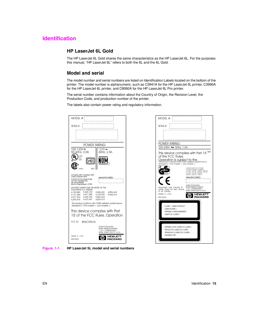 HP 6L pro manual Identification, HP LaserJet 6L Gold, Model and serial 